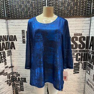 Ruby Rd M Blue Foil Metallic Studded Neck 3/4 Sleeve Top